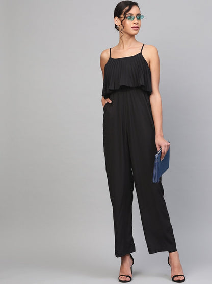 Women's Black Pleated Palazzo Jumpsuit