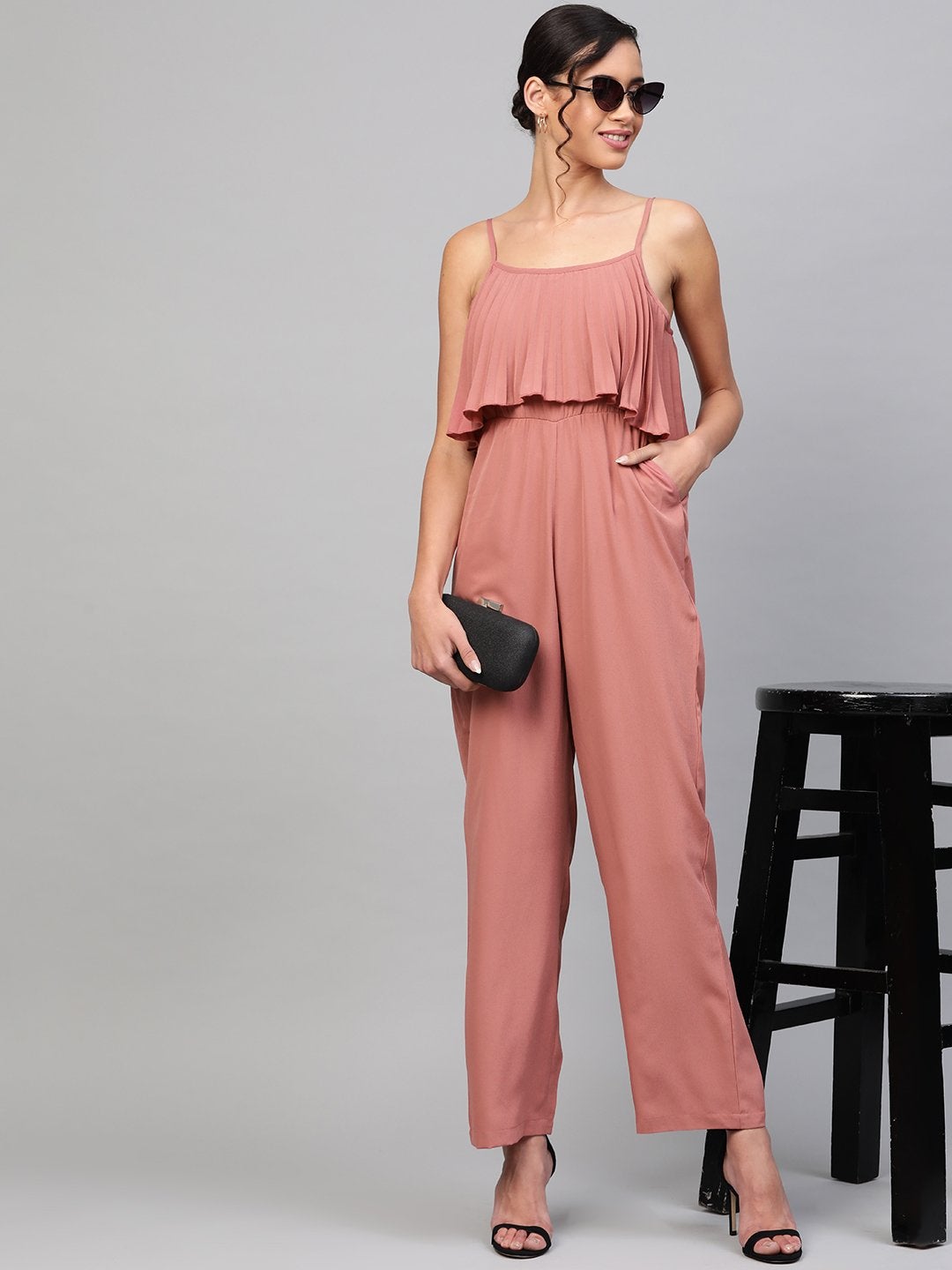 Women's Baked Pink Pleated Palazzo Jumpsuit