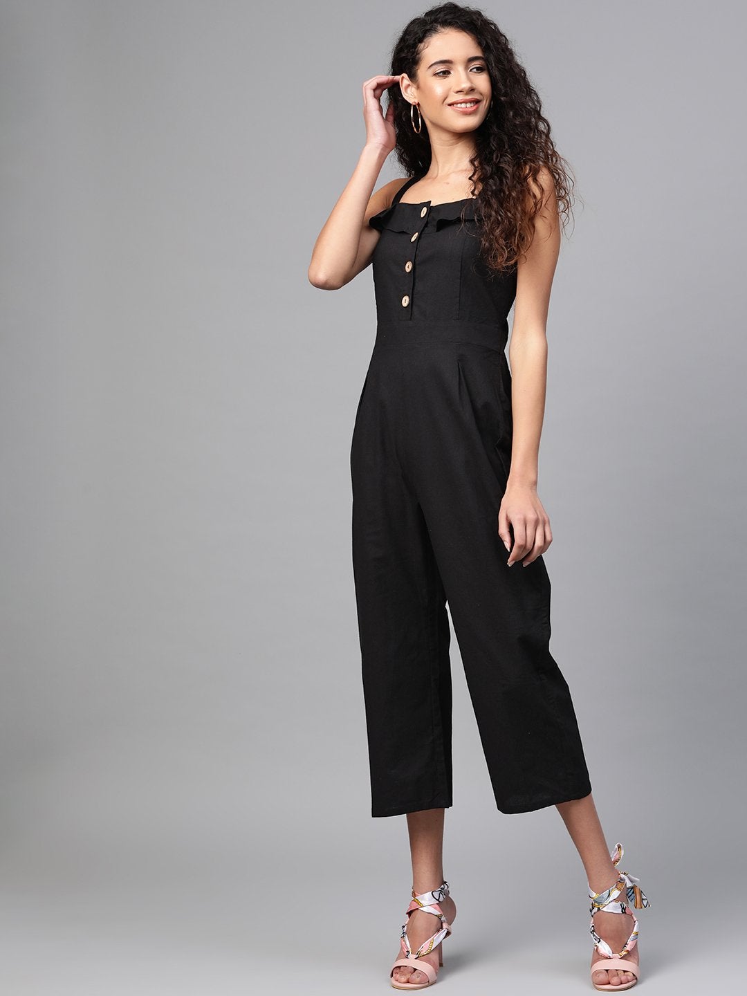 Women's Black Strappy Button Detail Jumpsuit