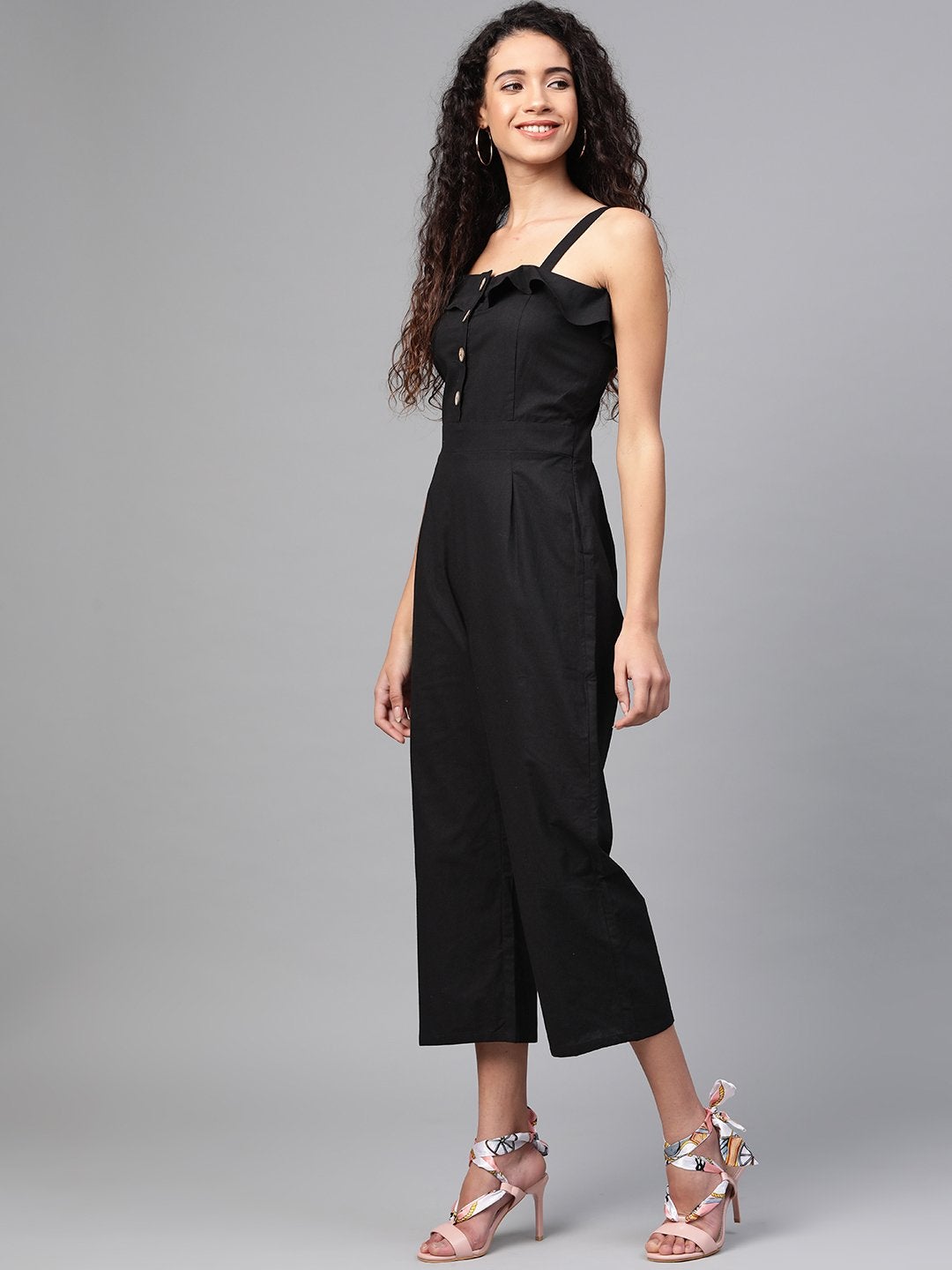 Women's Black Strappy Button Detail Jumpsuit