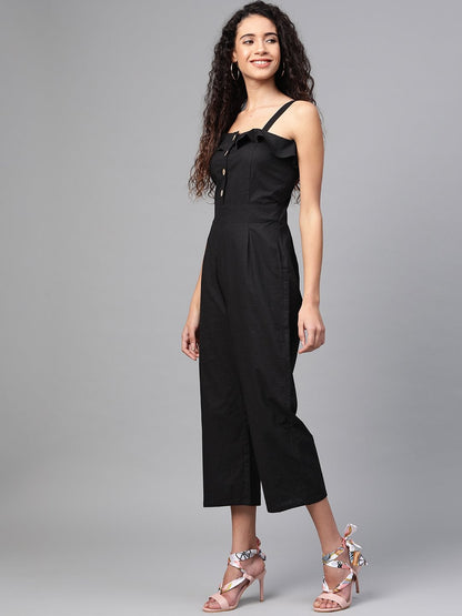 Women's Black Strappy Button Detail Jumpsuit