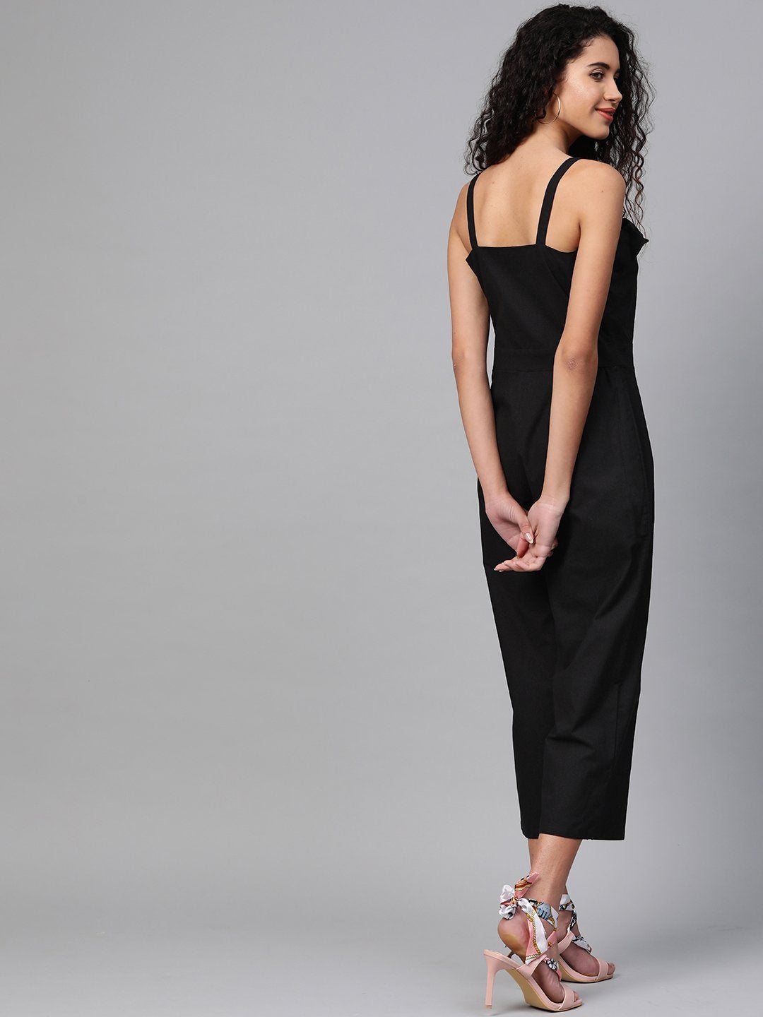 Women's Black Strappy Button Detail Jumpsuit