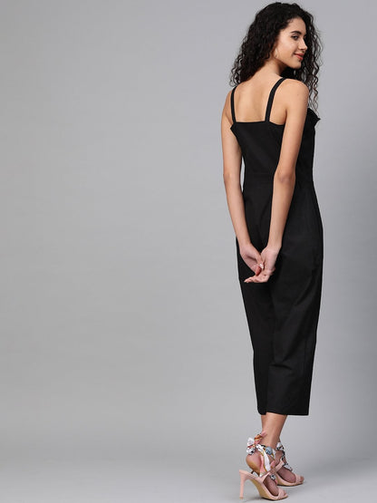 Women's Black Strappy Button Detail Jumpsuit
