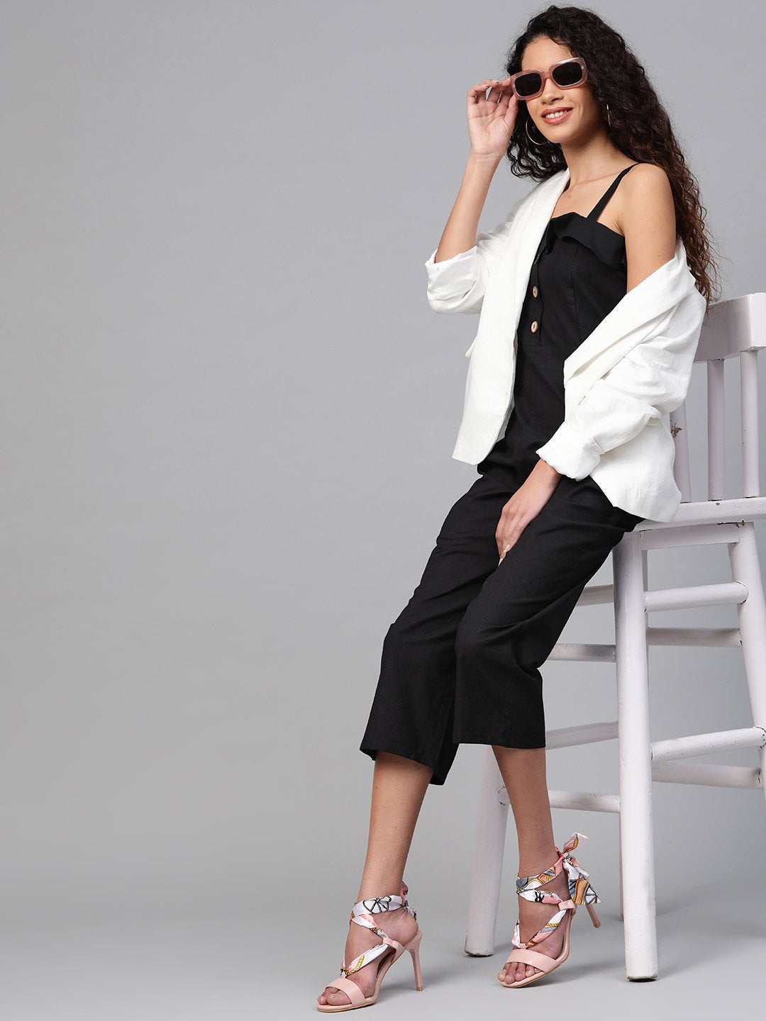 Women's Black Strappy Button Detail Jumpsuit