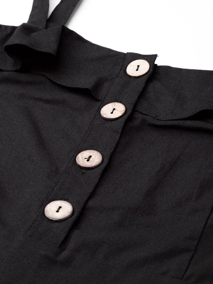 Women's Black Strappy Button Detail Jumpsuit