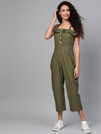 Women's Olive Strappy Button Detail Jumpsuit