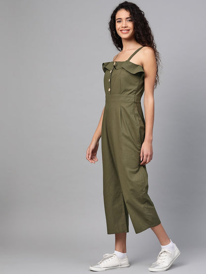 Women's Olive Strappy Button Detail Jumpsuit