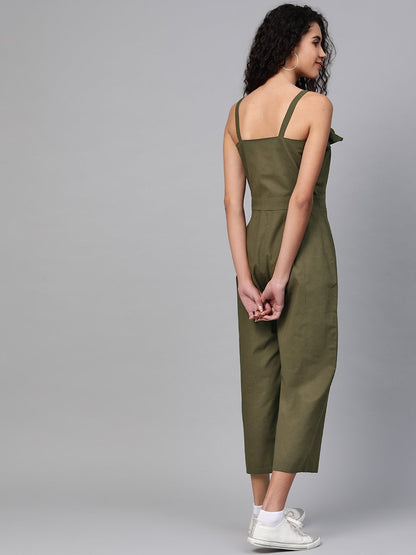 Women's Olive Strappy Button Detail Jumpsuit