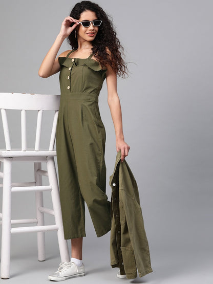 Women's Olive Strappy Button Detail Jumpsuit