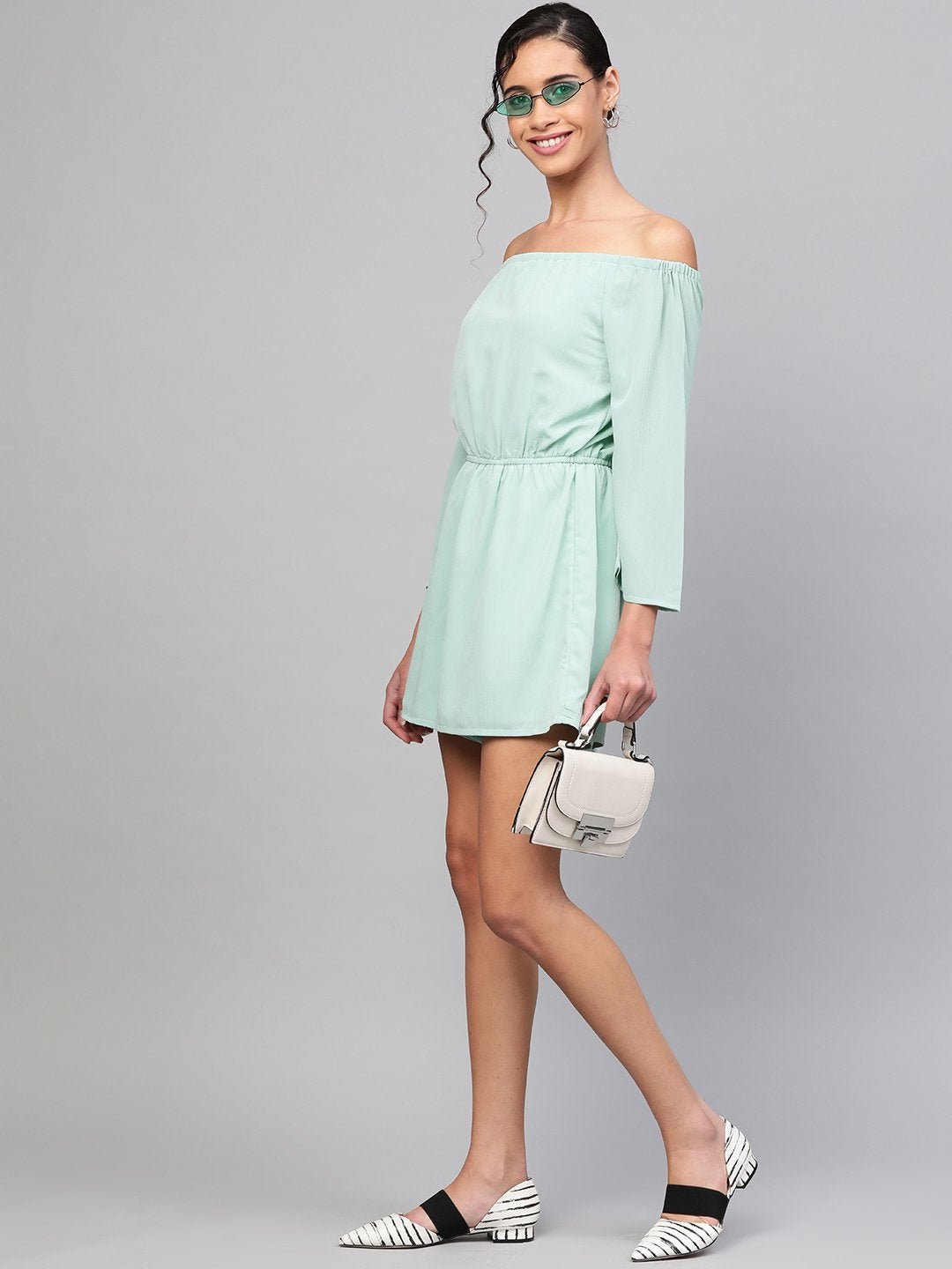 Women's Sea Green Off Shoulder Romper