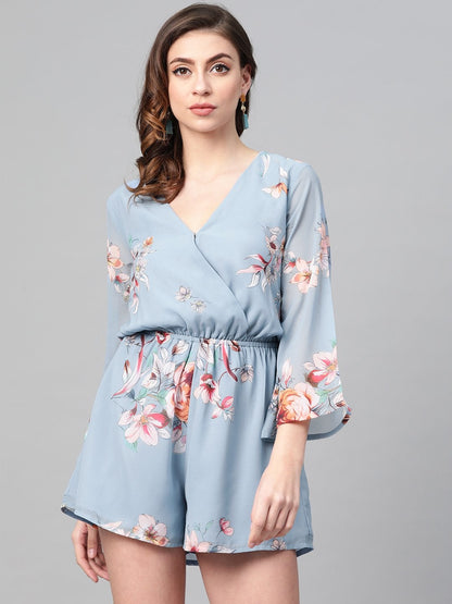 Women's Pale Blue Floral Wrap Romper