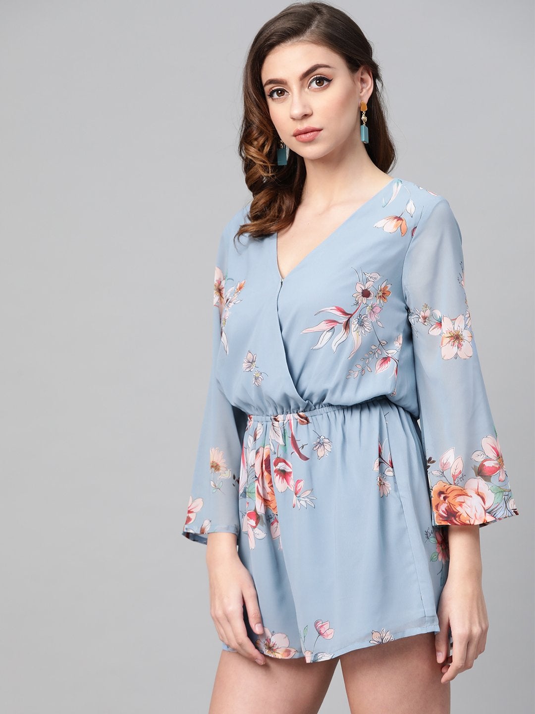 Women's Pale Blue Floral Wrap Romper