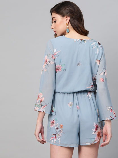 Women's Pale Blue Floral Wrap Romper