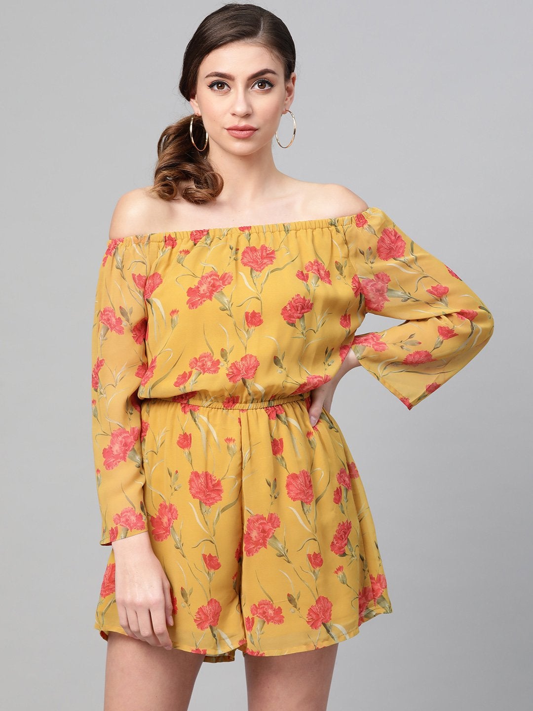 Women's Mustard Floral Off Shoulder Romper