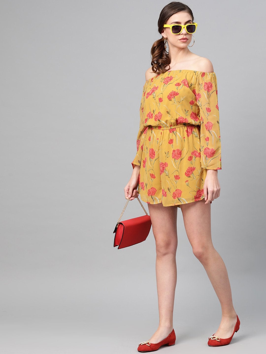 Women's Mustard Floral Off Shoulder Romper