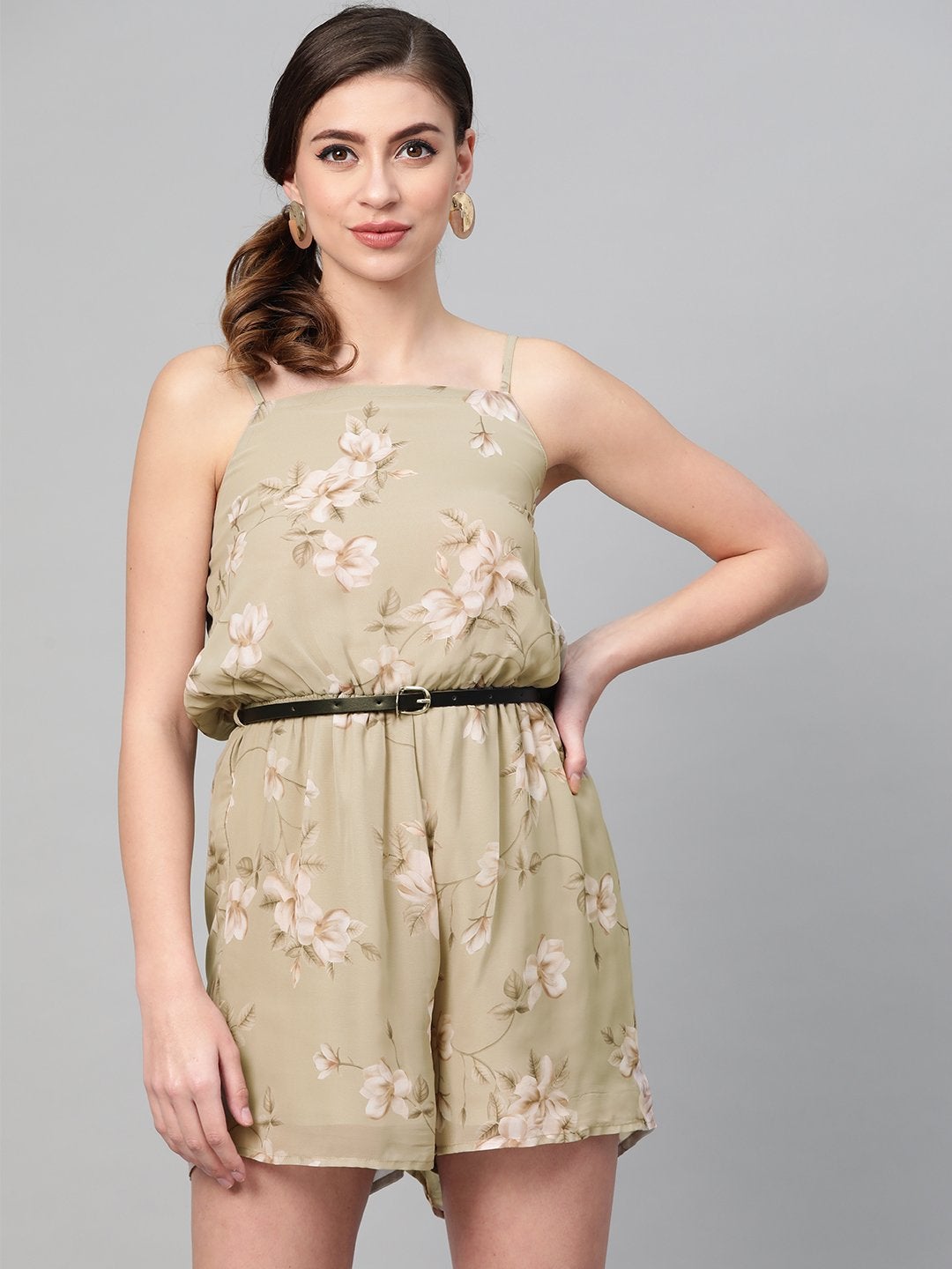 Women's Olive Floral Strappy Romper With Pu Belt