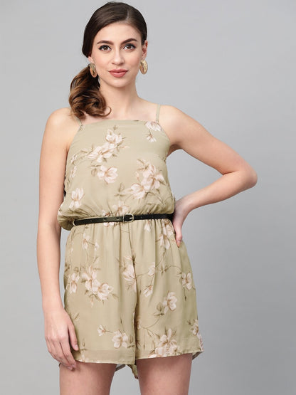 Women's Olive Floral Strappy Romper With Pu Belt