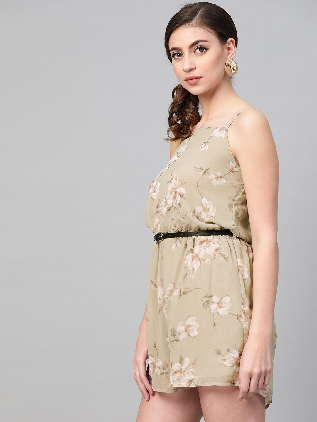 Women's Olive Floral Strappy Romper With Pu Belt