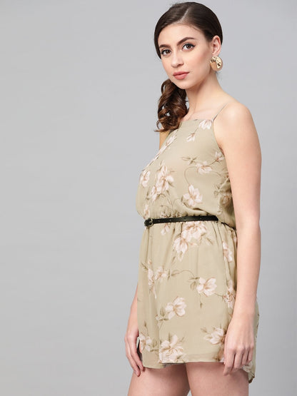 Women's Olive Floral Strappy Romper With Pu Belt