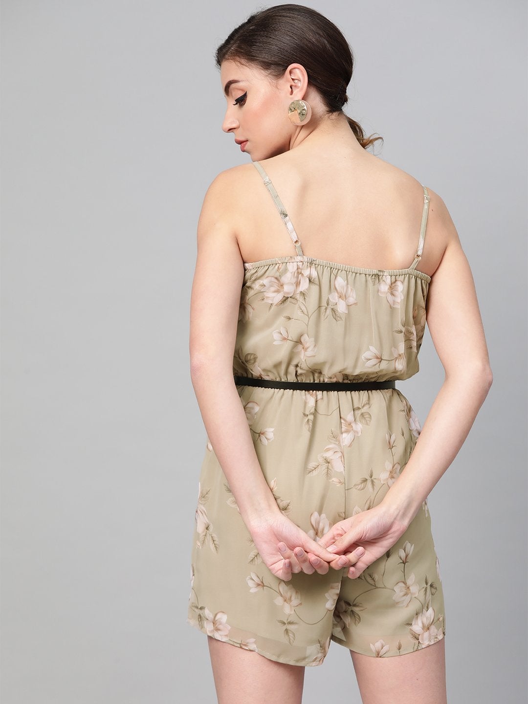 Women's Olive Floral Strappy Romper With Pu Belt