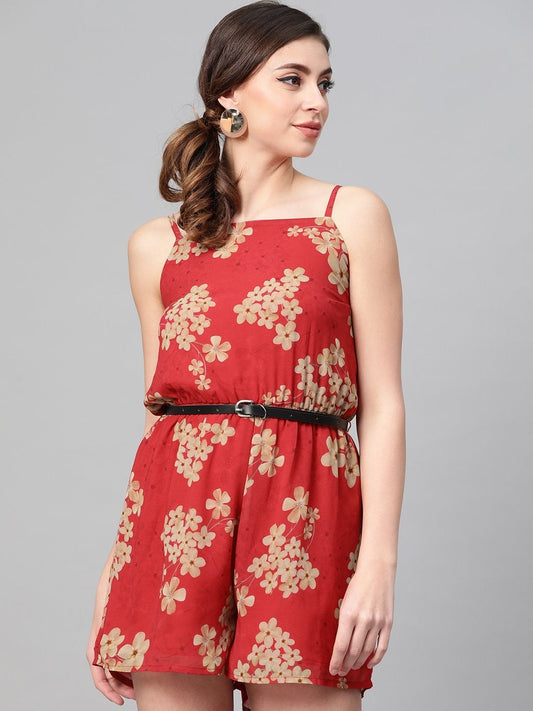 Women's Red Floral Strappy Romper With Pu Belt