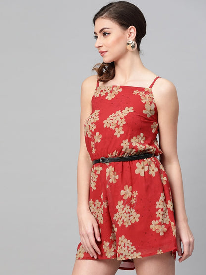 Women's Red Floral Strappy Romper With Pu Belt