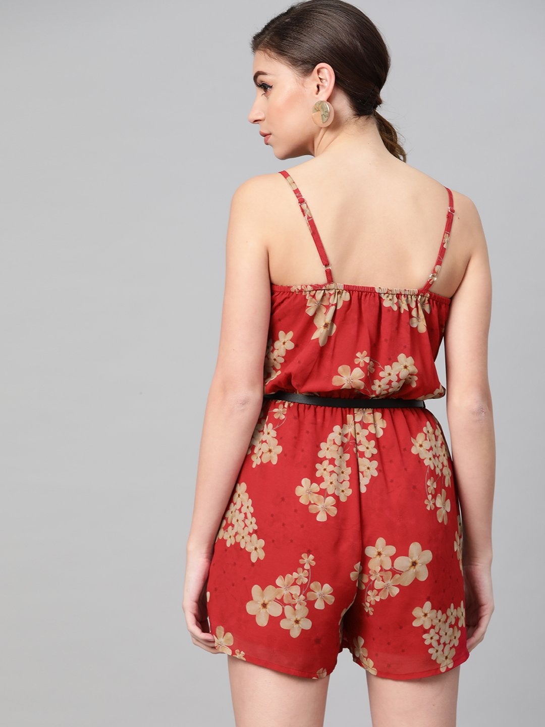 Women's Red Floral Strappy Romper With Pu Belt