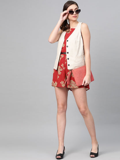 Women's Red Floral Strappy Romper With Pu Belt