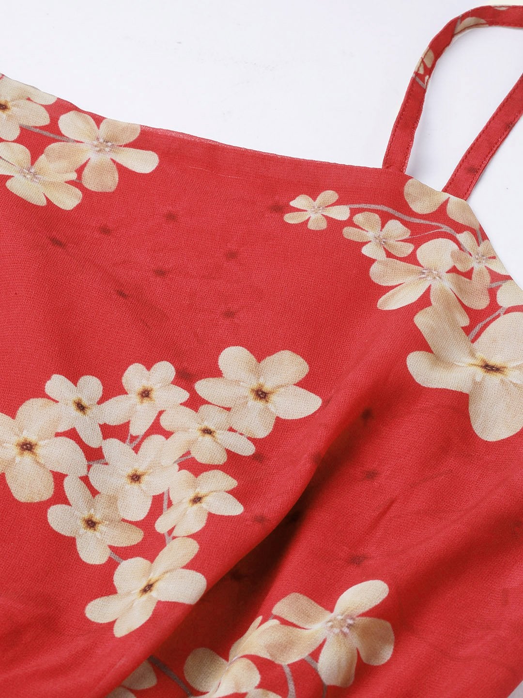 Women's Red Floral Strappy Romper With Pu Belt
