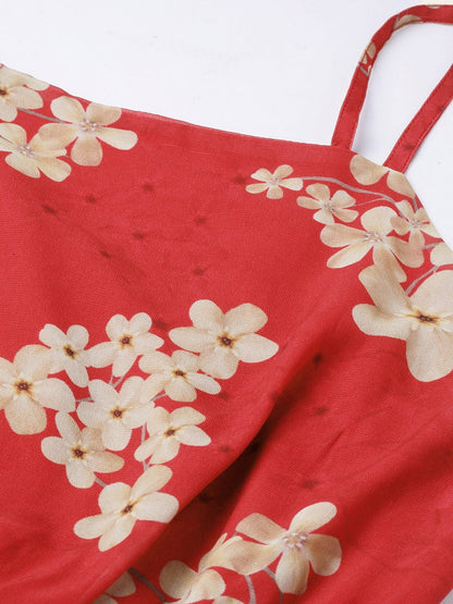 Women's Red Floral Strappy Romper With Pu Belt