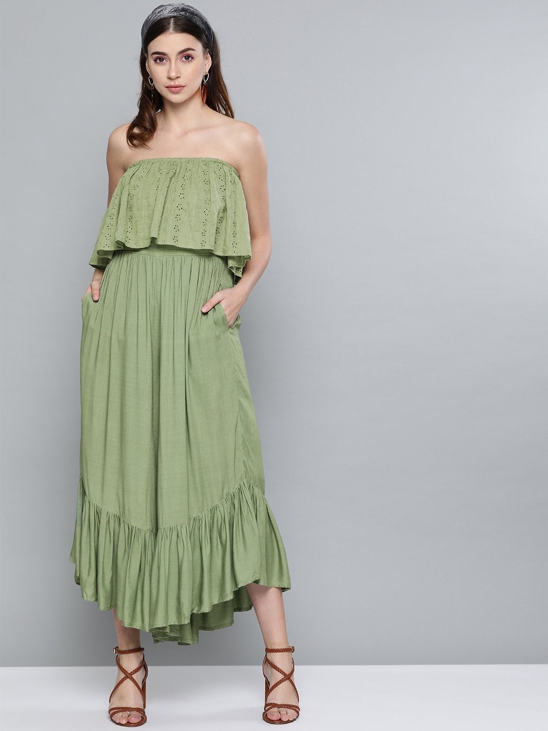 Women's Olive Schiffli Off Shoulder Jumpsuit