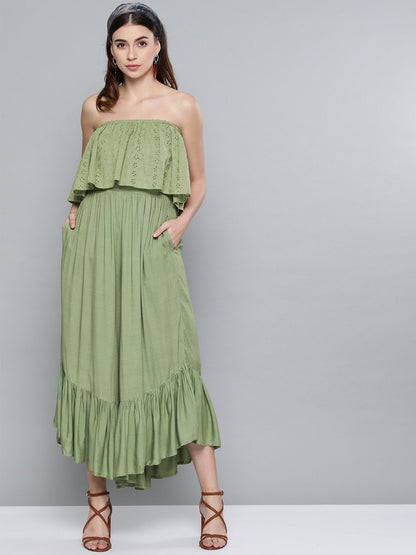 Women's Olive Schiffli Off Shoulder Jumpsuit