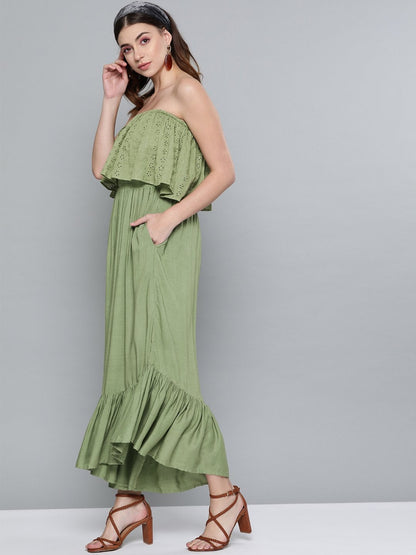 Women's Olive Schiffli Off Shoulder Jumpsuit