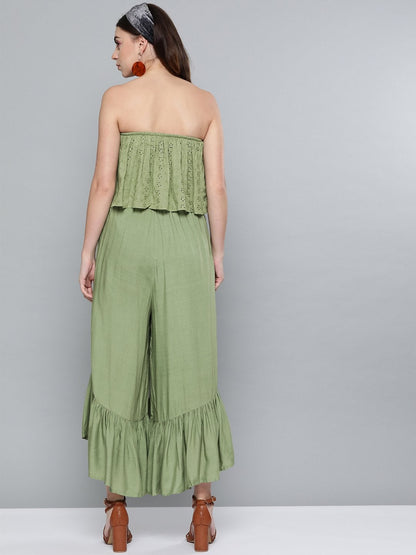 Women's Olive Schiffli Off Shoulder Jumpsuit