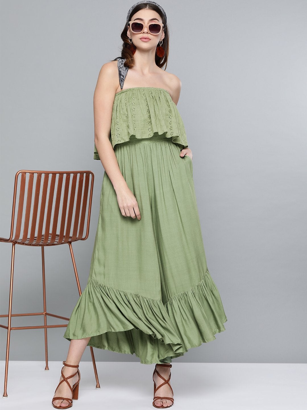 Women's Olive Schiffli Off Shoulder Jumpsuit