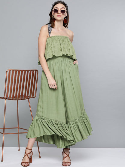 Women's Olive Schiffli Off Shoulder Jumpsuit