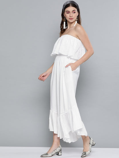 Women's White Schiffli Off Shoulder Jumpsuit