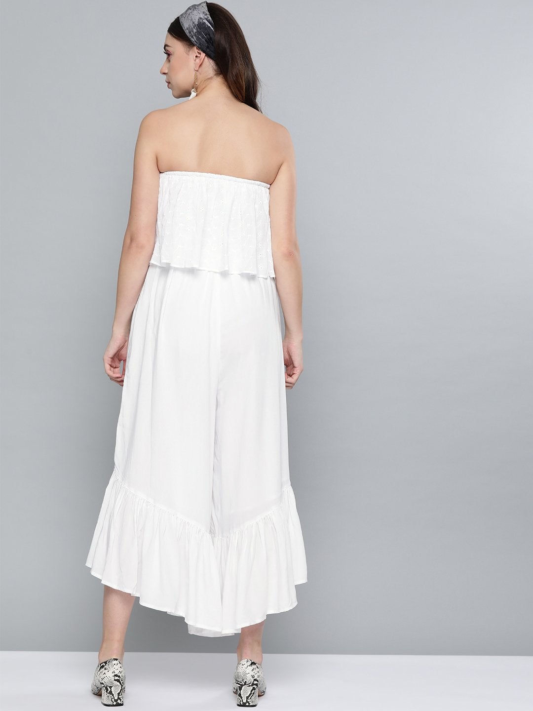 Women's White Schiffli Off Shoulder Jumpsuit
