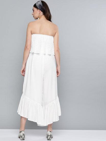 Women's White Schiffli Off Shoulder Jumpsuit