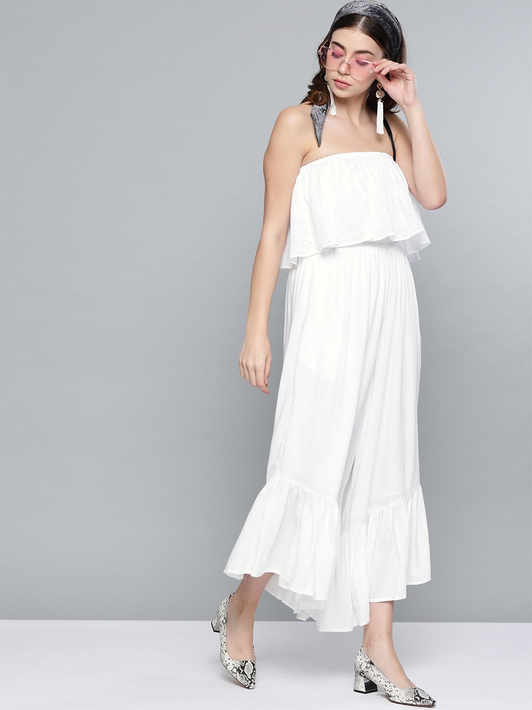 Women's White Schiffli Off Shoulder Jumpsuit
