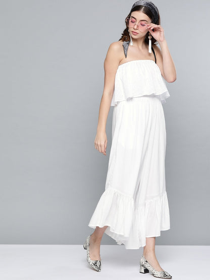 Women's White Schiffli Off Shoulder Jumpsuit