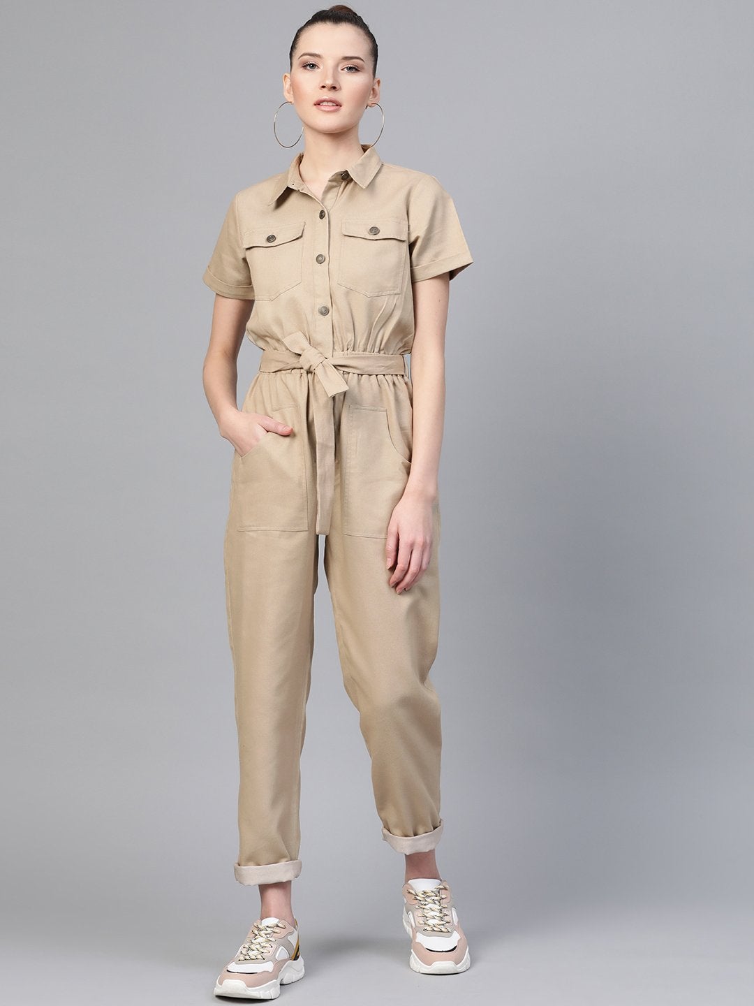 Women's Beige Belted Twill Tapered Jumpsuit