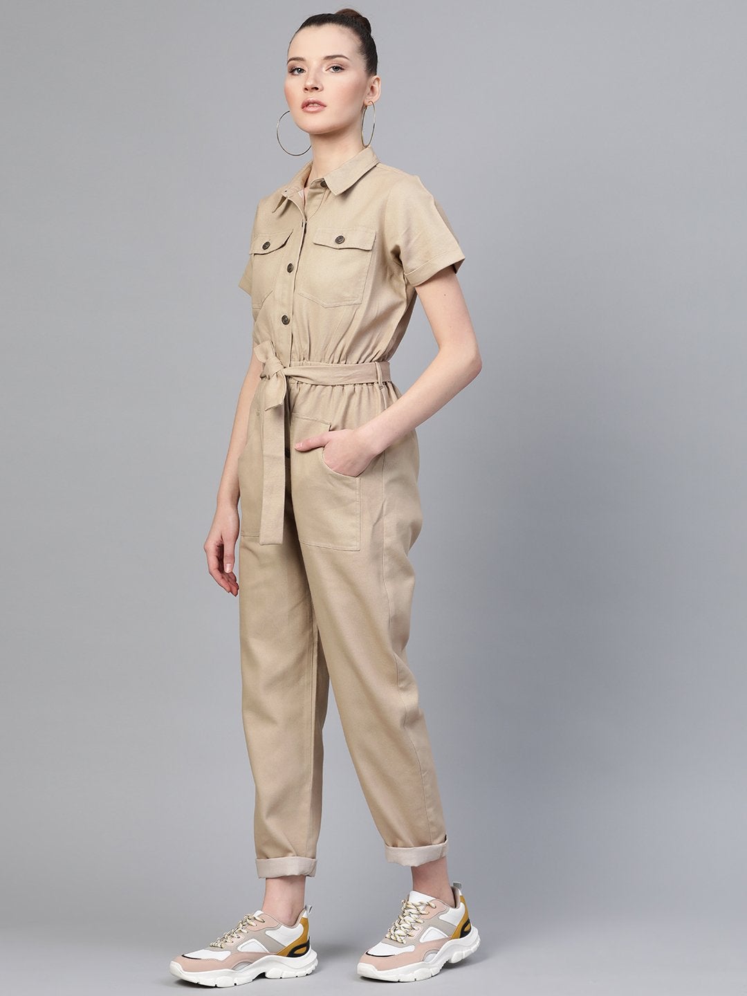 Women's Beige Belted Twill Tapered Jumpsuit