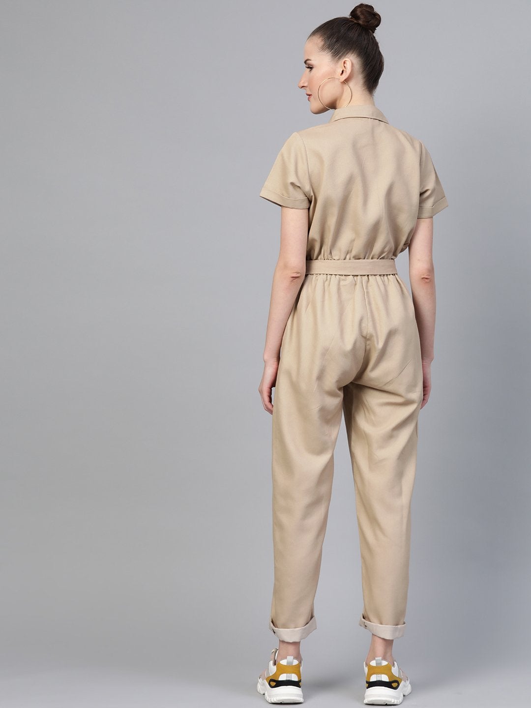 Women's Beige Belted Twill Tapered Jumpsuit