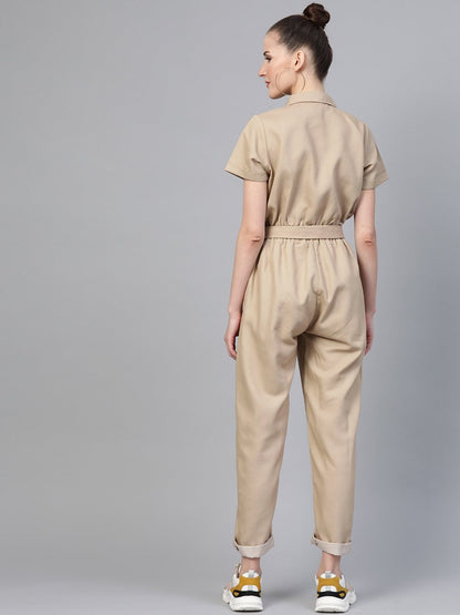 Women's Beige Belted Twill Tapered Jumpsuit