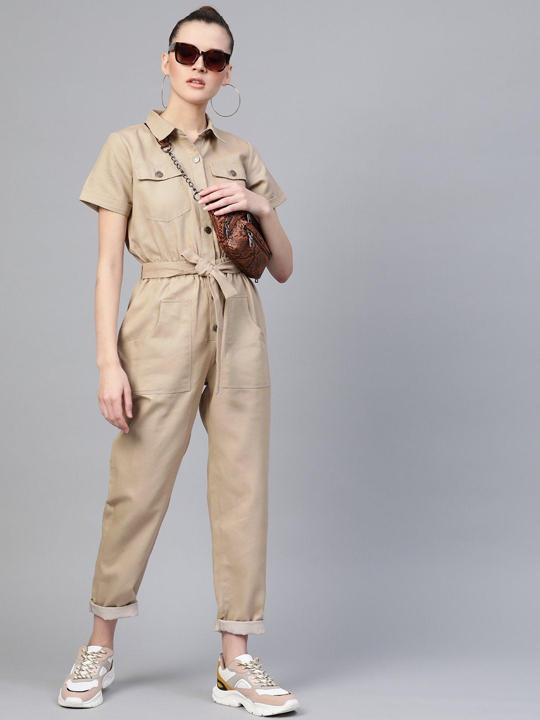 Women's Beige Belted Twill Tapered Jumpsuit