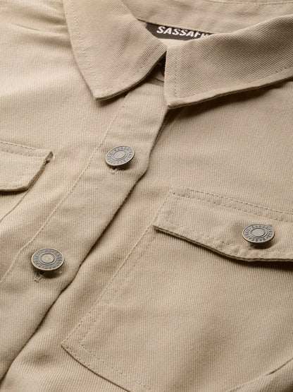 Women's Beige Belted Twill Tapered Jumpsuit