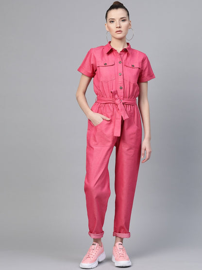 Women's Fuchsia Belted Twill Tapered Jumpsuit