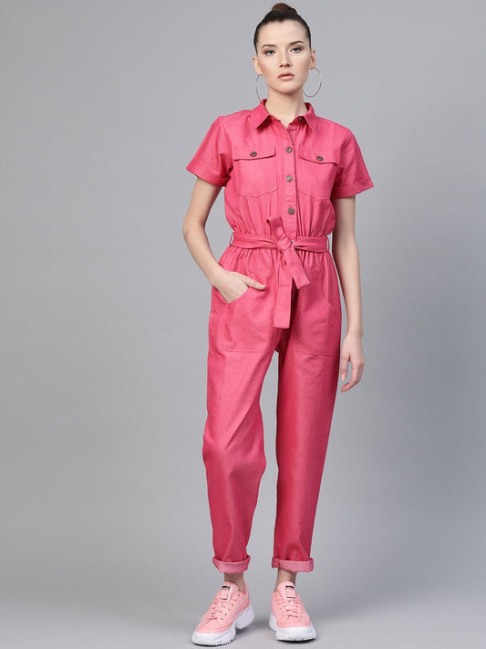 Women's Fuchsia Belted Twill Tapered Jumpsuit