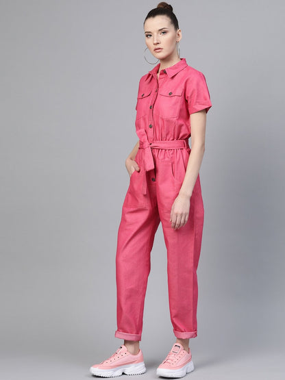 Women's Fuchsia Belted Twill Tapered Jumpsuit